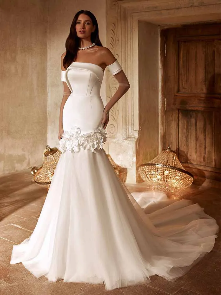 

Изысканные свадебные платья с цветочным принтом. Атласные свадебные платья русалки/трубы для вечеринок. Свадебное платье цвета слоновой кости без бретелек с аппликацией и рюшами.