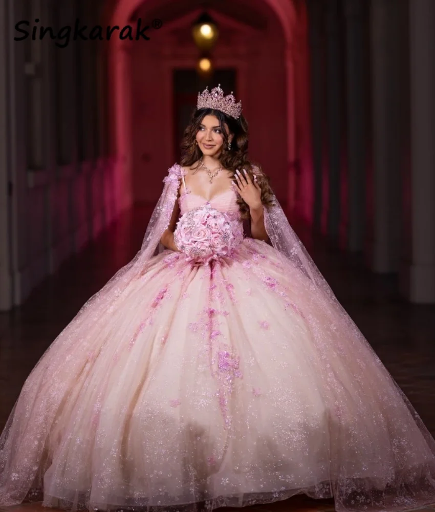 Prinses Roze Quinceañera Jurken Sweet 16-jurk Baljurk Korset Vlinder Applique Vestidos De 15 Años Met Cape Aangepast