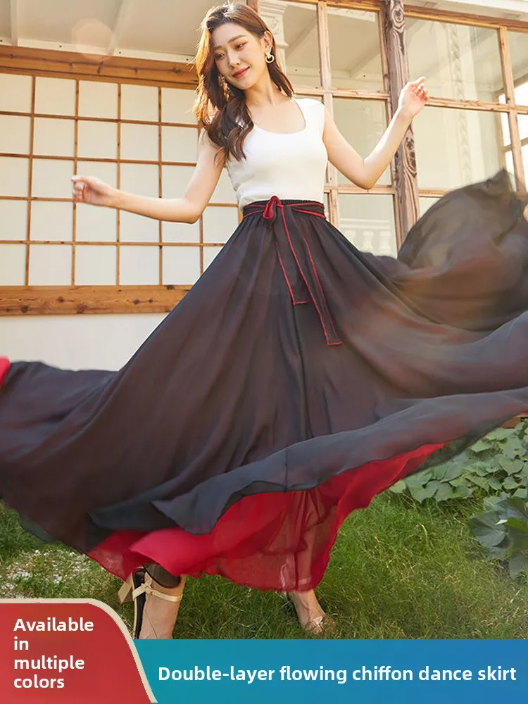 Double-Sided Wear Chiffon Skirt for Dance 720 Degree Rotation Xinjiang Dance Square Dance Half-length Skirt Red Color