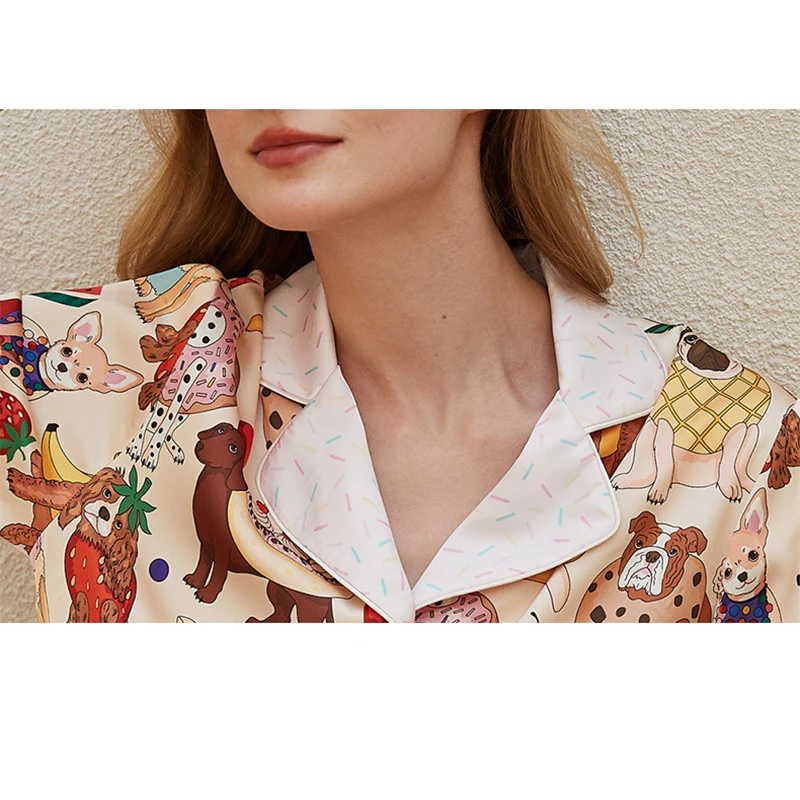 طقم بيجامات نسائي لربيع 2026 مصنوع من الحرير مثل الحلويات الألمانية مطبوع قطعتين بأكمام طويلة وبنطلون كامل الطول ملابس نوم 39926