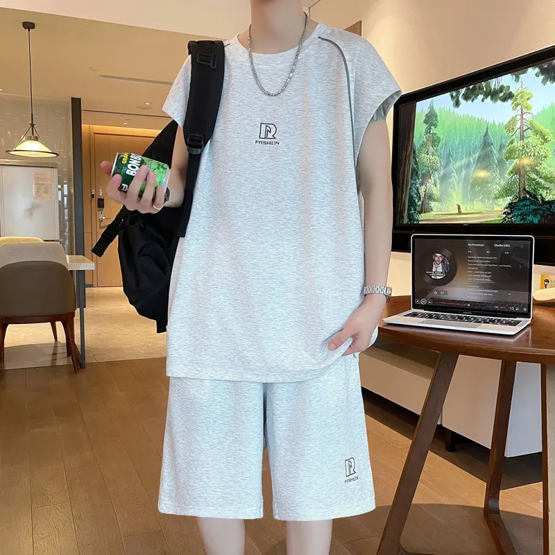 Men's Ice Silk Svel Vest Set Summer New Sle High Sensation Cool Trend Two-Piece Suit Casual Sports Ensemble for Teens