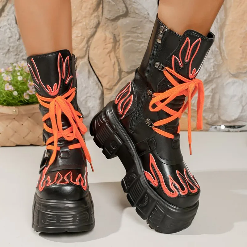 

New 2026 Retro Dark Spanish Punk Locomotive with The Same Flame Metal Muffin Thick Bottom Medium Tube Men and Women Rock Boots