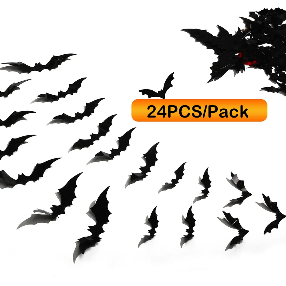 24pcs/pack Bat Wall Sticker Black 3D Halloween Party DIY Decorative Wall Sticker Bar Halloween Horror Thriller Decorative Props