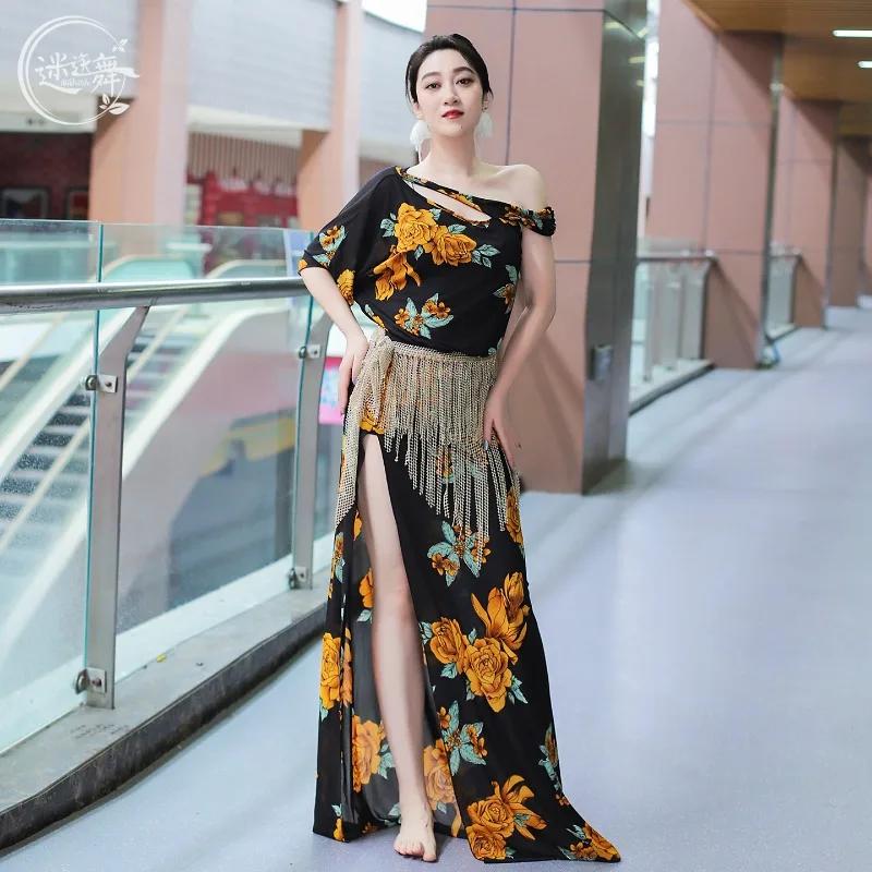 カスタマイズされた女性ベリーダンス衣装ドレス水ガーゼプリント東部ダンスパフォーマンス衣装スプリットワンピースローブ