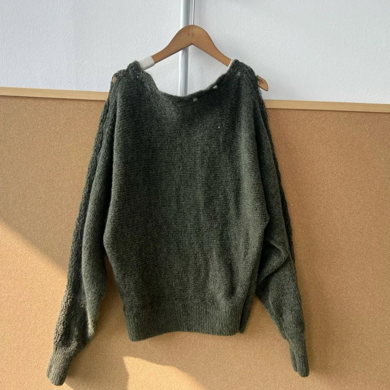 

Ele Autumn Winter Vintage Off-oulder Hollow out Design Lazy High-End Feel Sweater T337 G Stand Z25 Ladies Knitwear
