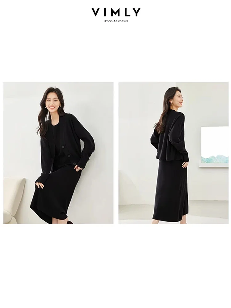 Vimly Black Cardigan Knitted 2 Piece Women Sets 2023 Autumn Casual Long Sleeve Tops O-neck Sleeveless Midi Women's Dresses 10750