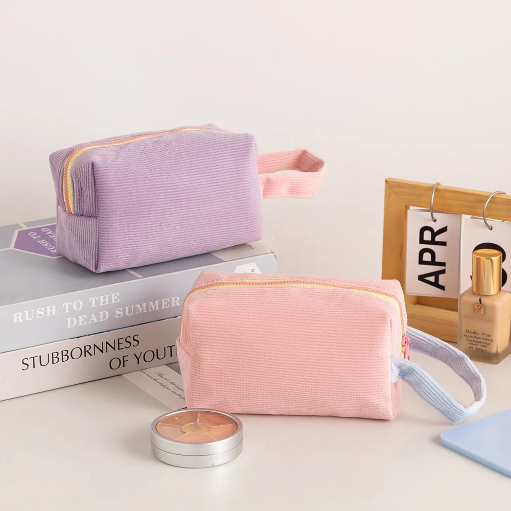 Bolsa de maquillaje de pana de Color sólido para mujer, bolsa de cosméticos portátil de viaje, bolsa de almacenamiento de artículos de tocador, monedero organizador