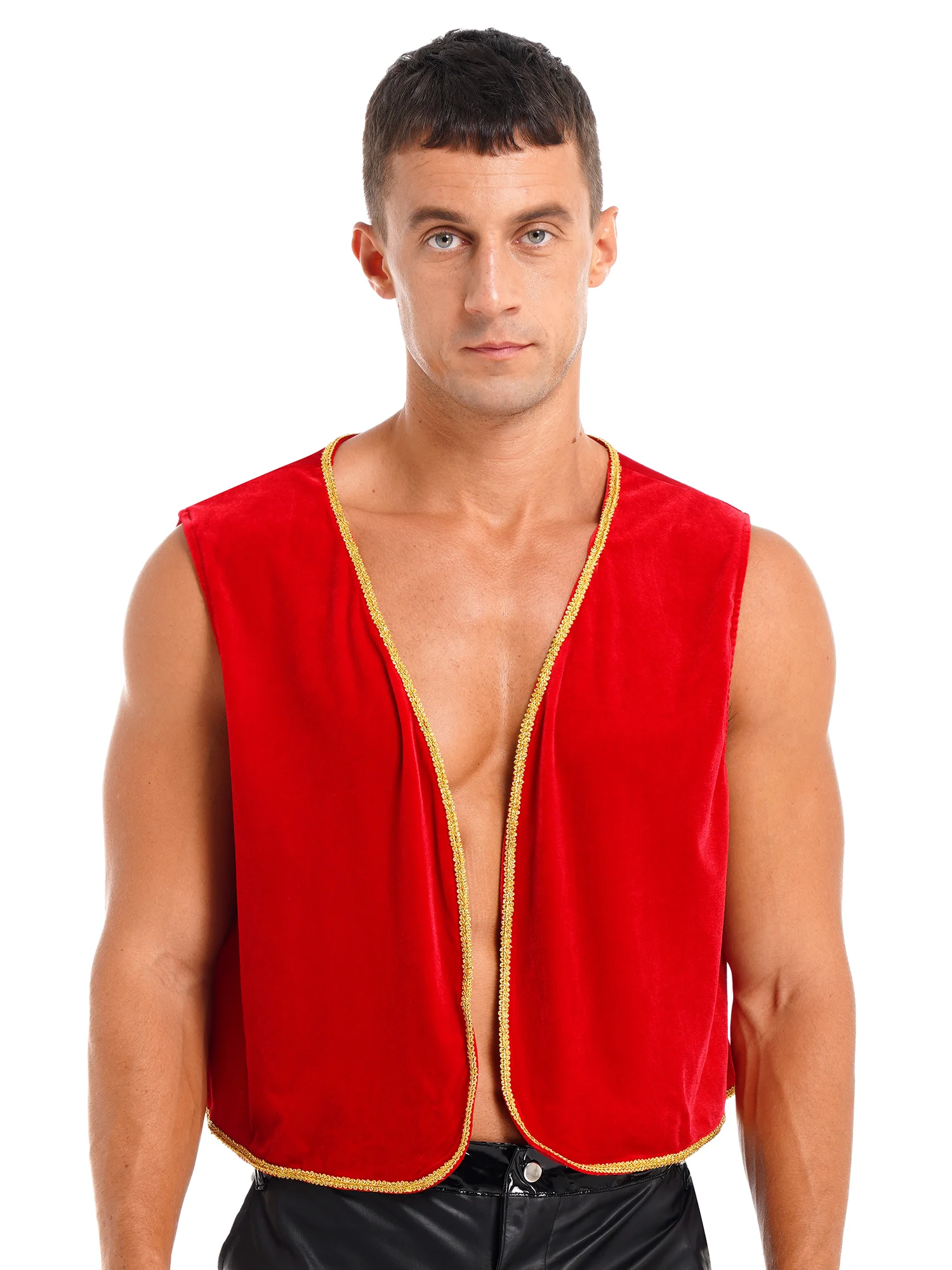 

Men's Halloween Arabian Prince Costume Red Soft Velvet Vest Sleeveless Open Front Cardigan Tops Waistcoat Santa Claus Costume