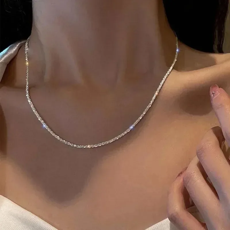 Fashion Glitter Sparkly Thin Chain Choker Necklace for Women Shiny Textured Layering Necklace Elegant Party Wedding Jewelry Gift
