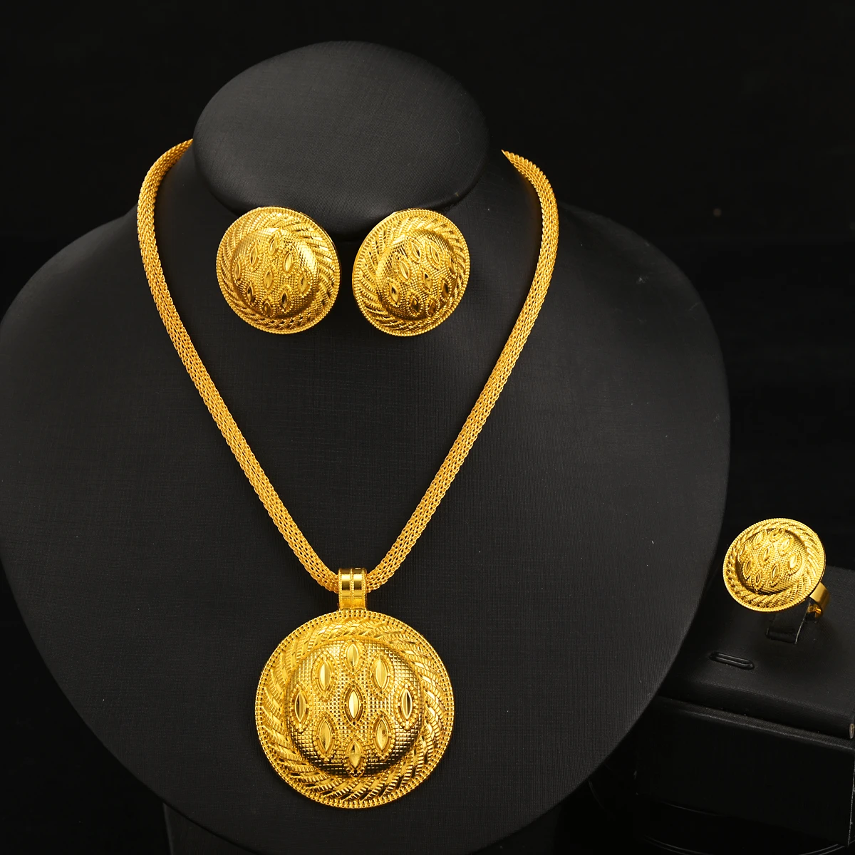 NEW Style Golden Ethiopian Color Classic Jewelry Set Round Pendant Earrings Ring 3-Piece Set African Eritrean Wedding Women Gift
