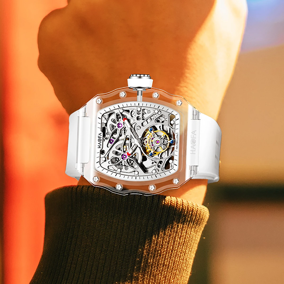 Haofa Full Crystal Transparent Tourbillon Watch Luxury Hollowing Automatic Mechanical Watch Waterproof Luminous Mens Watch  2201