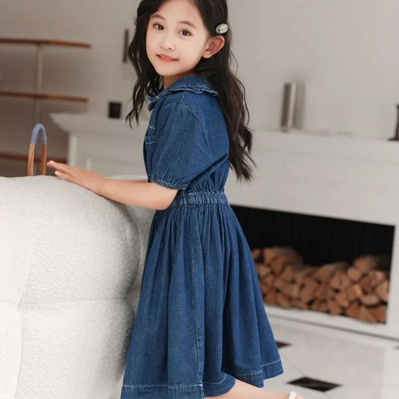 2023 Fashion Summer Girl Party Dress Princess Demin Dress Children Jeans Dresses Teenager Girl Peter Pan Clothing