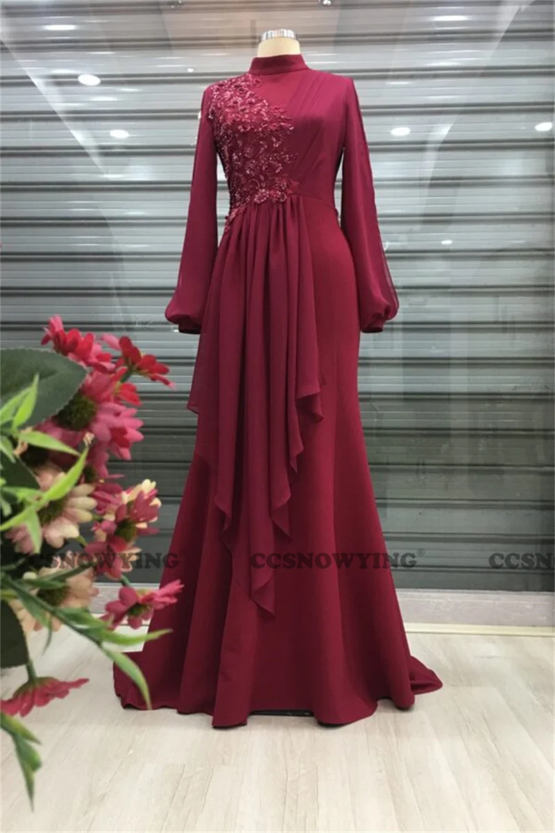 

Chiffon Appliques Hijab Muslim Evening Dresses Islamic Full Sleeve Prom Formal Party Gowns Women Arabic Kafan Robes De Soirée