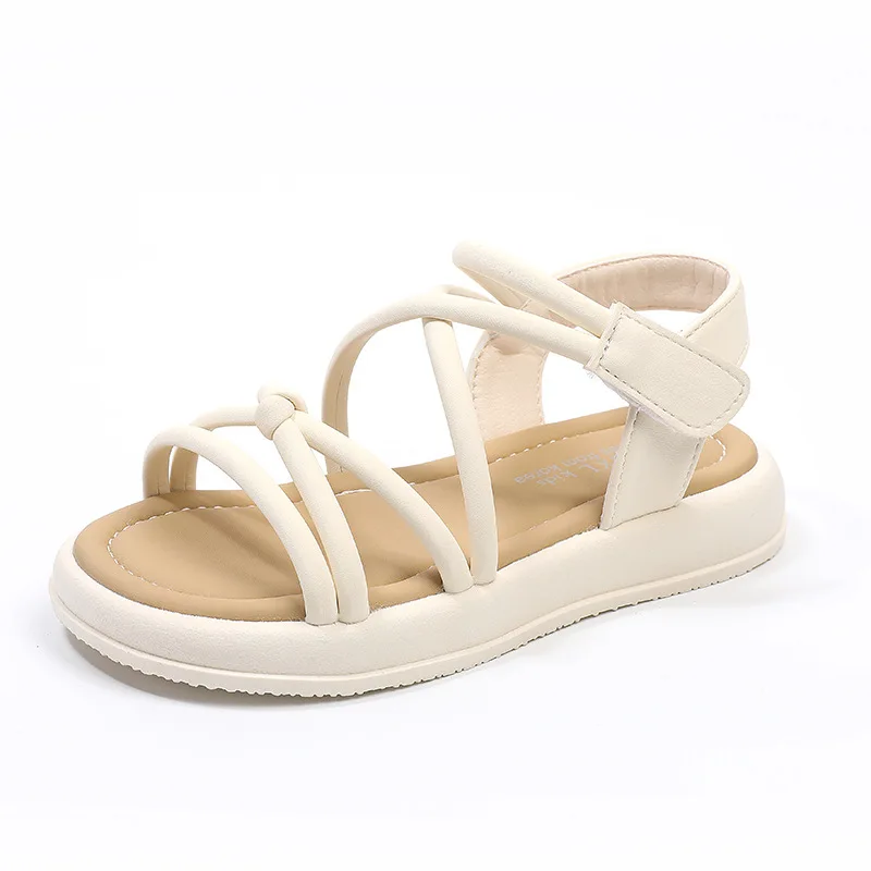 Sandalias de verano de Color sólido para niña, zapatos informales versátiles para la escuela, sandalias de playa con recortes cruzados, suaves y antideslizantes