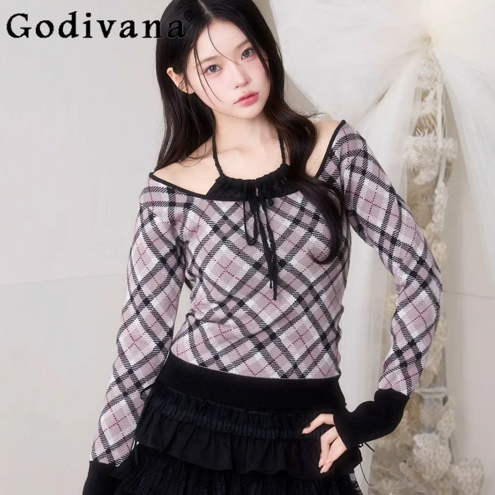 

Новинка! Вязаный топ в японском стиле с вырезом халтер, в клетку, приталенный, для женщин, повседневный, весна 2026