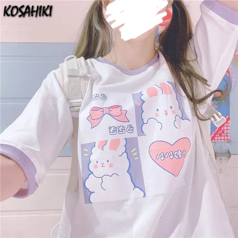 KOSAHIKI Kawaii Tshirt Women Fashion 2024 Cute Cartoon Print ops  Loose  Shirt Casual All Match Summer Graphic  Shirts