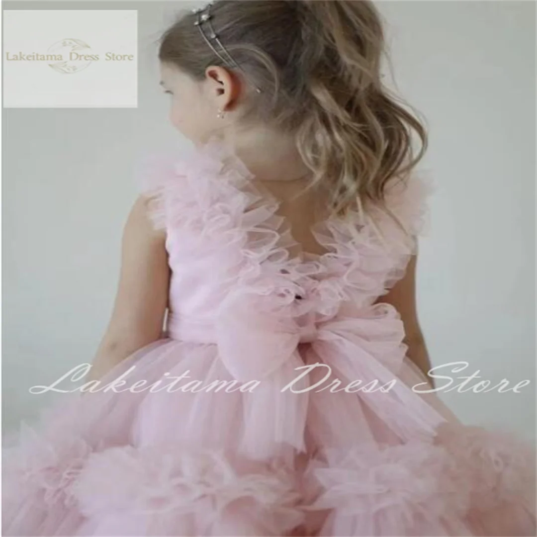 Wedding Light Pink Tulle Sleeveless Flower Girl Dress For Knee Length Bow Child First Eucharistic Birthday Party Dresses