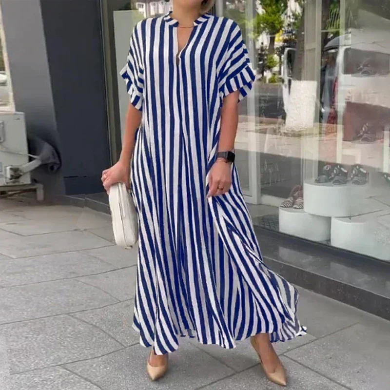 Women Striped Printed V Neck Long Dress Summer Short Sleeve Side Split Shirt Dresses Casual Oversized Maxi Dress Robe De Plage