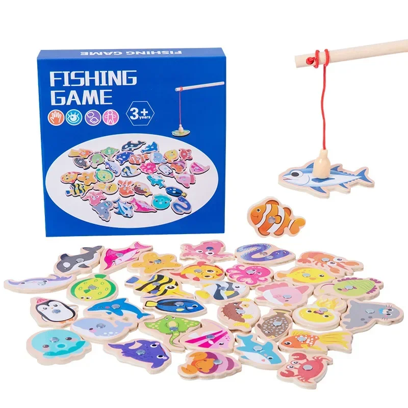 Giocattoli da pesca magnetici in legno cartoni animati per bambini creature Marine giochi di pesce cognitivo educazione interazione genitore-figlio regali per bambini