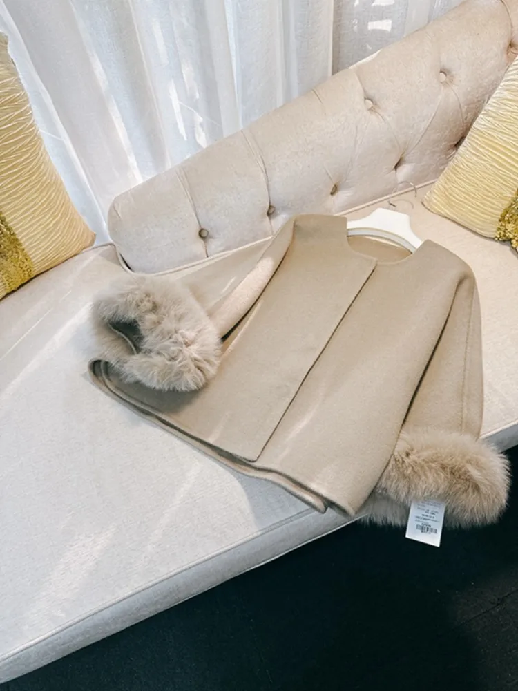 Elegant Ladies New Autumn Winter Wool Short Coat O Neck Loose Fit Banquet Luxury Spliced Fox Fur Vintage Office Women Jacket