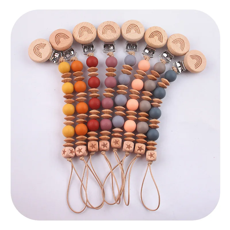 New Baby Beech Wood Pacifier Clip Anti Drop Gum Silicone Gum Nipple Chain Silicone Beads Accessoire Bebe Baby Accessories