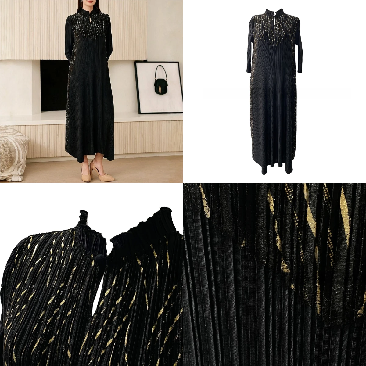 

Miyake Pleated Loose Plus Size Retro Dress, Heavy Gold Stamping Temperament, High Elasticity Skirt, Velvet Long Skirt for Women
