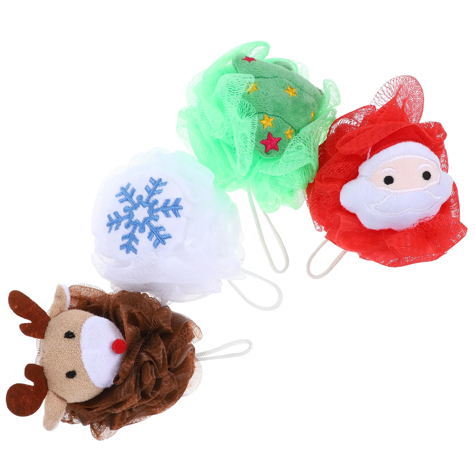 

4 Pcs Red Santa Bath White Snowflake Green Christmas Tree Body Shower Loofah Set Exfoliating Bathing Balls Skin