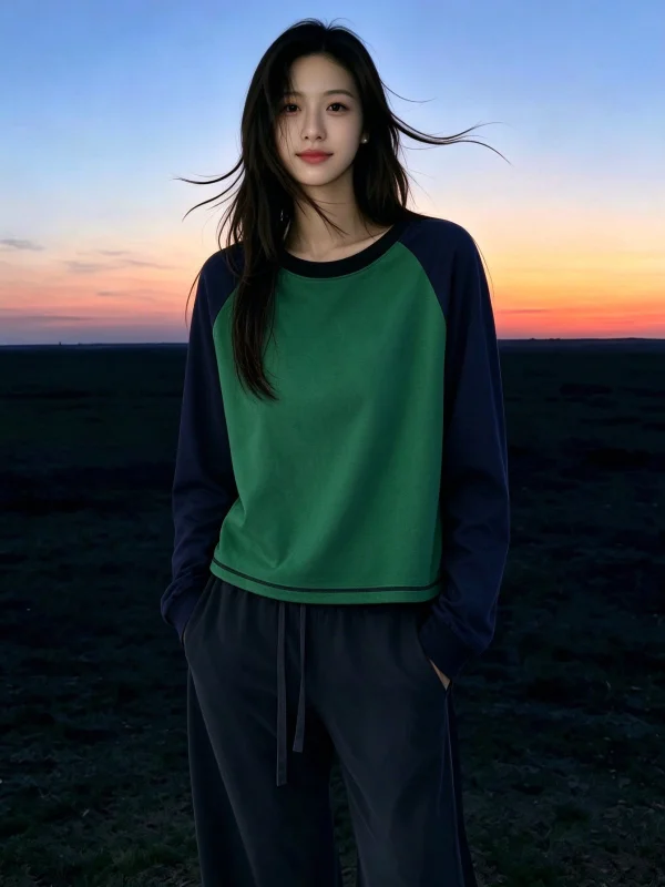 Green Shoulder-Length Loose Short-Sleeved T-Shirt Women's Early Autumn Cold Spot Non-Repeating Single Wear Korean Style Elega...