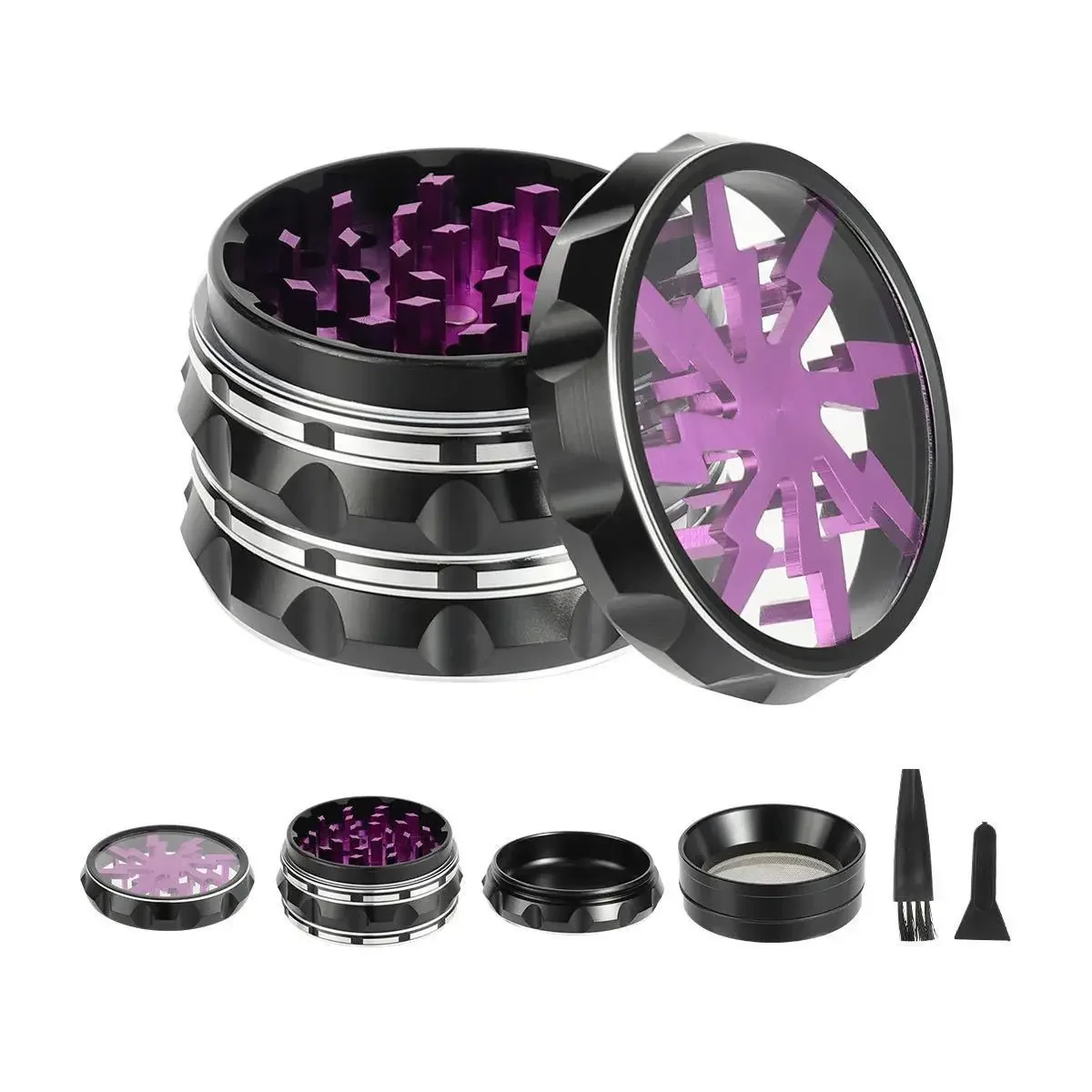 63MM 4-layer Grinder Herb Cutter Aluminum Alloy Spice Cutter Latest Lightning-Shaped Transparent