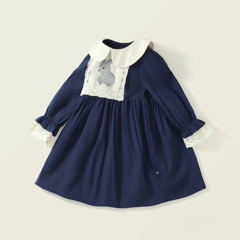 Girls Doll Collar Rabbit Cartoon Embroidery Dress 2024 Spring New Korean Baby Girl Long-Sleeved Navy Blue Lapel Princess Dresses