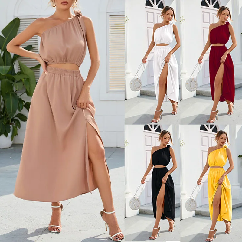 

Women's Fashion Diagonal Shoulder Bow Set Split Large hem Dress Two piece Set for Women