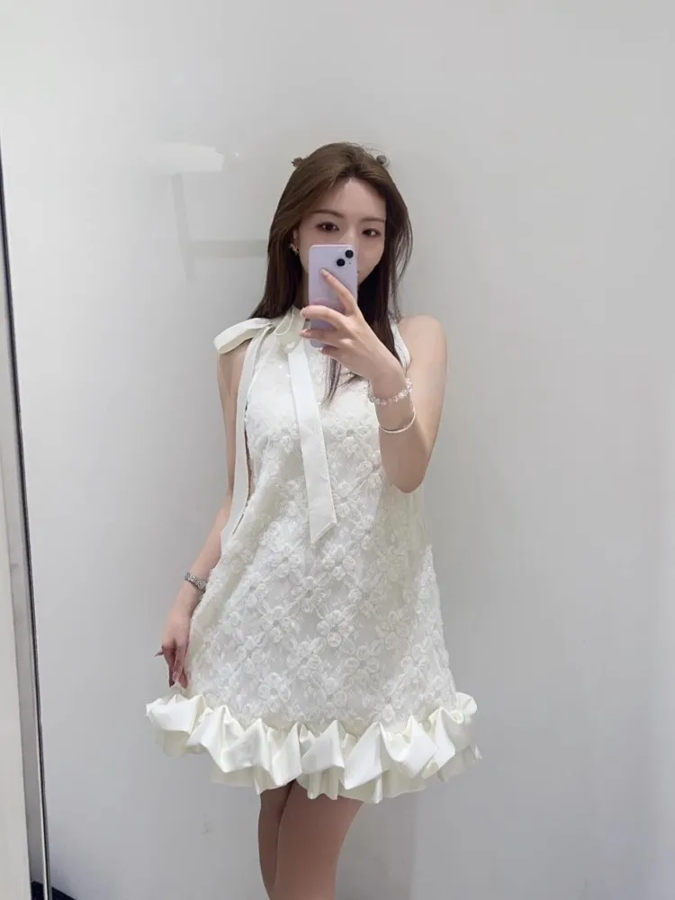 甘い女性フリルスプライシングレース花ノースリーブタンクドレスちょう結びエレガントな夏のパーティーフレンチスタイルの女性 A ラインショートドレス