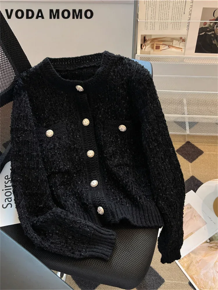 Temperament Graceful round Neck Chic Button Loose Casual All-matching Short Knitted Outerwear Women South Korean Chic Autumn