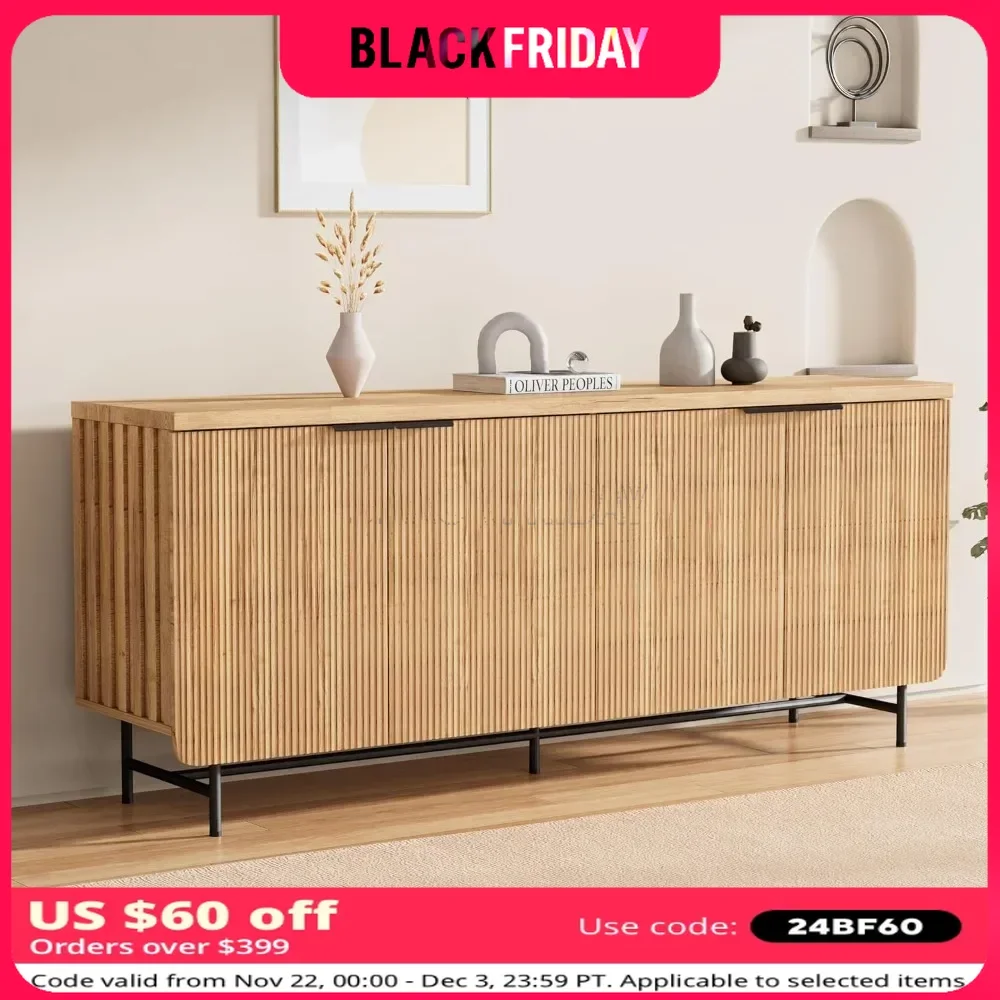 Aparador con 4 puertas estriadas y estantes ajustables, mueble de barra de café con acento moderno de 68 ", mueble de almacenamiento para Buffet de cocina