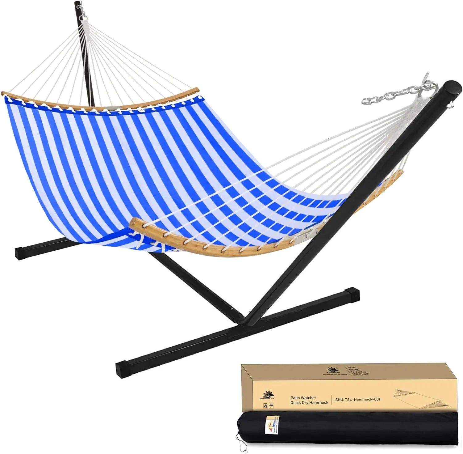 12 FT Curved Bamboo Spreader Bar, Outdoor Patio Two Person Hammock with Portable Steel Stand,450 lbs Capacity