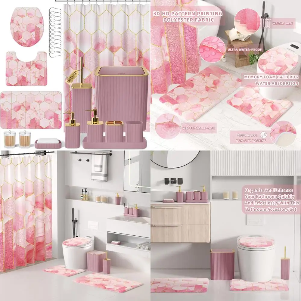 

Pink 26-Piece Bathroom Accessory Set with Shower Curtain, Rugs, Trash Can, and Soap Dispenser
