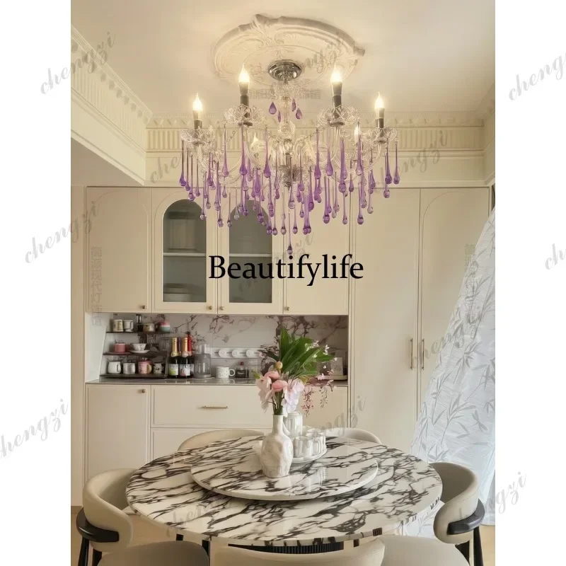 EE Light luxury purple water drop chandelier French cream wind round table dining living room European villa lamps