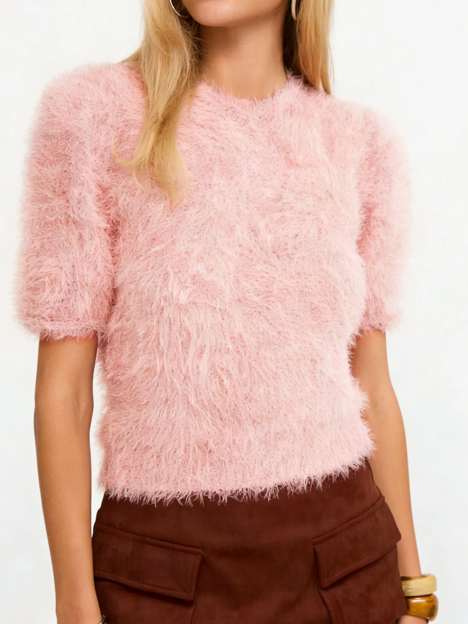 짧은 소매와 크루넥이 있는 여성용 니트 스웨터 일상 캐주얼 착용을 위한 세련된 등이 없는 타이업 풀오버 탑