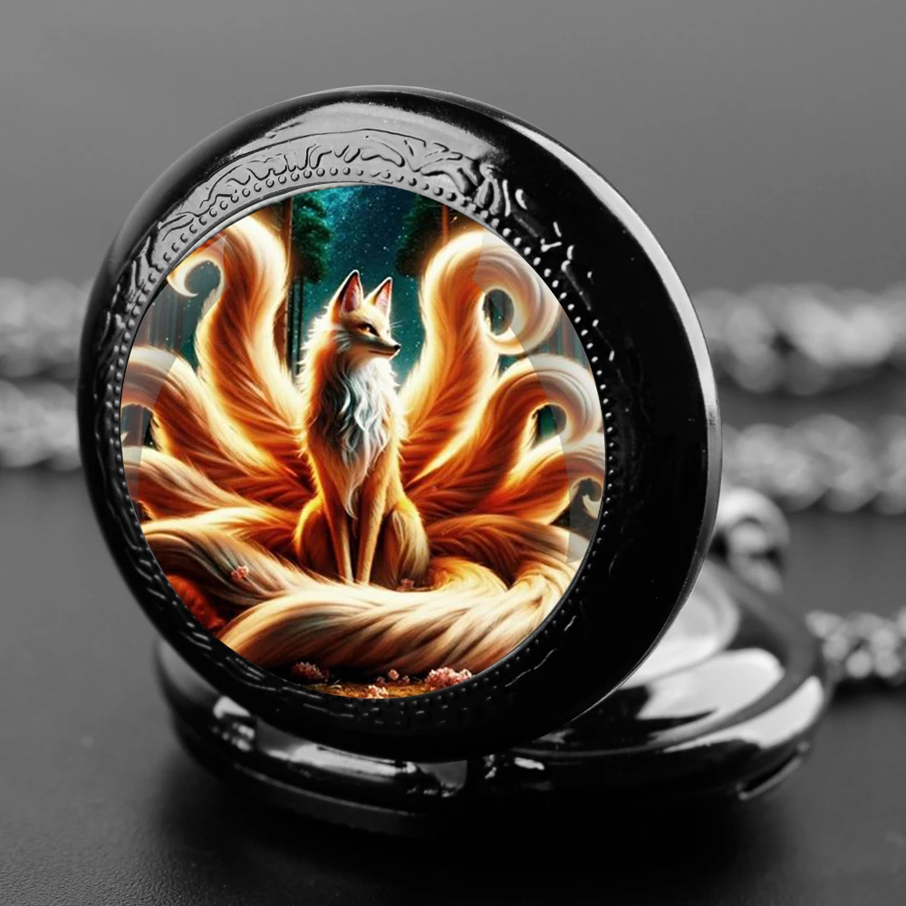 Animal Nine-tailed Fox Pattern Quartz Pocket Watch with Necklace Pendant World-Time Feature, Analog Display for Women Men Kids