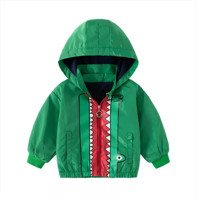 Boys' Casual Cartoon Zip-Up Jacket Spring Autumn New Stylish Long Sleeve Hooded Fleece-Lined Windbreaker for Kids 2-7 Years Old