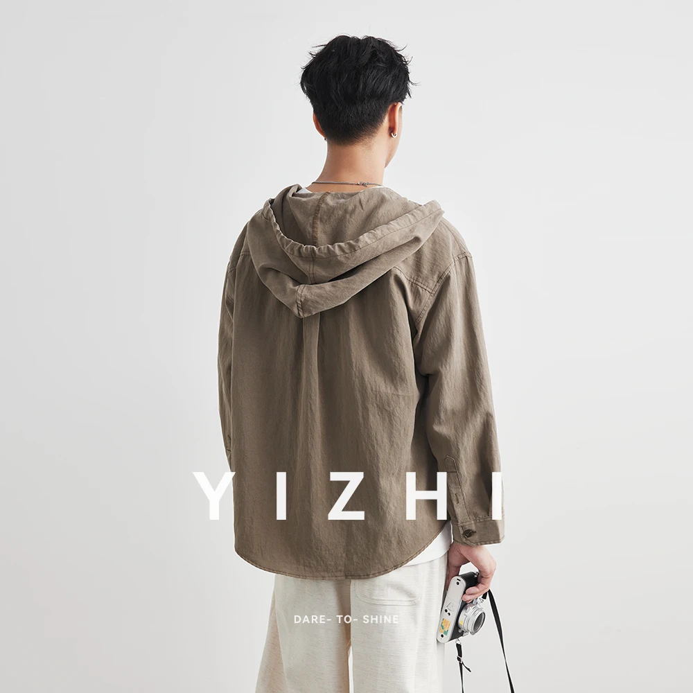 Autumn Men's Lyocell Nylon Shirt Solid Streetwear Long Sleeve Hoodie Clothing For Men Button Tops Casual Loose Men Hooded Shirt