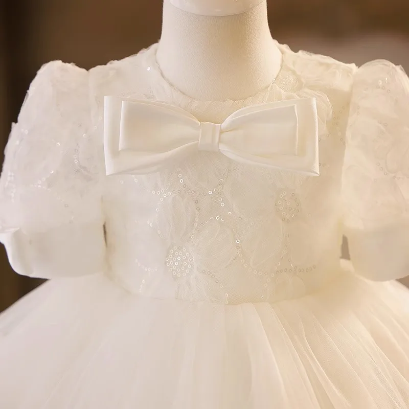 Robe de Bal à Manches Courtes et Paillettes pour Petite Fille, Tenue de Princesse, Élégante, Blanche, avec Nministériels d Bouffant, pour Anniversaire