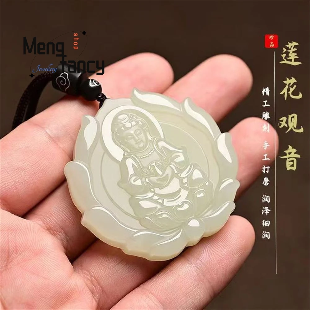 Natural Hetian White Jade Goddess of Mercy Pendant Exquisite Elegant Simple High-grade Luxury Fashion Jewelry Buddhist Amulets