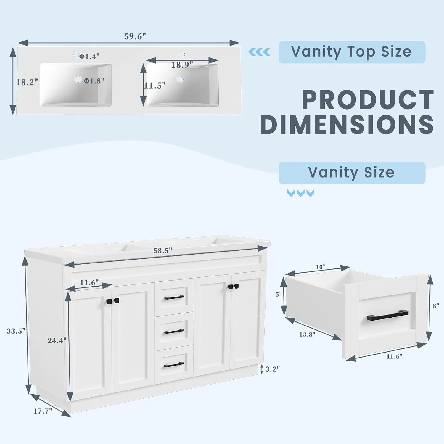 60 Inch Double Bathroom Vanity Integrated Resin Sinks Freestanding Cabinet 4 Soft-Close Doors & 3 Drawers Quick Assembly White,