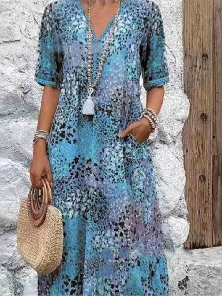 

Summer New Vintage Midi Dresses For Women 2025 Boho Style Floral Print Loose Long Dress Casual Short Sleeve V-Neck Dress Robe