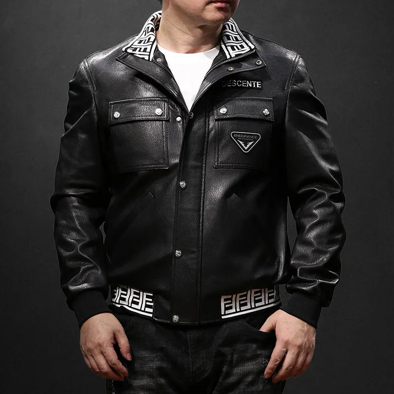 

956 European US Size High Quality Super Warm Genuine Goat Leather Coat Mens Big Loose Fitting Biker Jacket