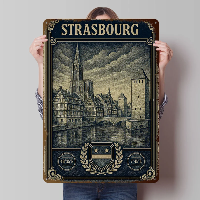 Strasbourg Cityscape Vintage Travel Printing Poster Customized Retro Wall Art Vintage Metal Signs for Home Decorations House