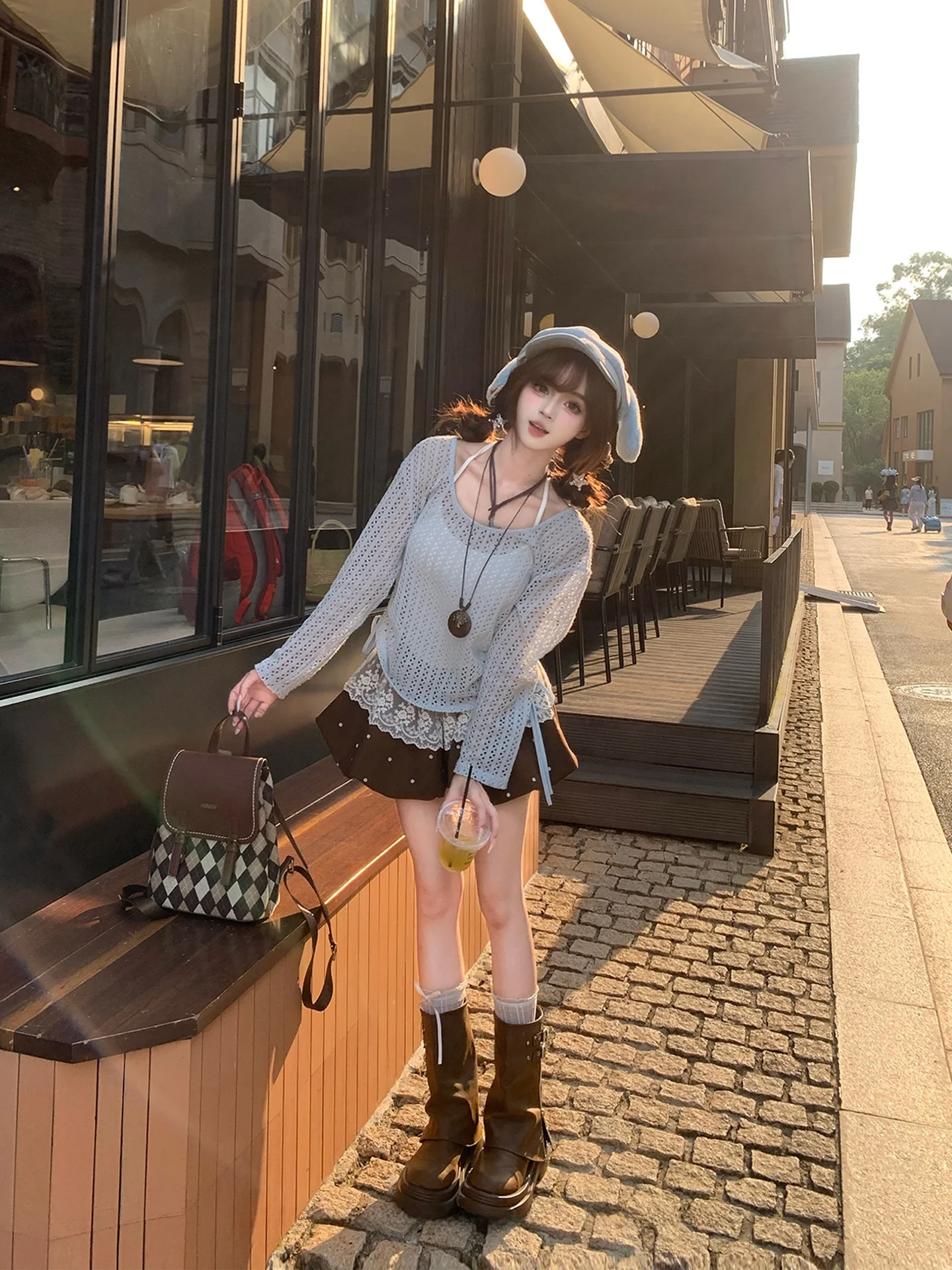Sweet Spicy Girl Style Loose Knitted Mesh Cover up Top Women's Early Autumn Outerwear Long Sleeve round Neck  Color