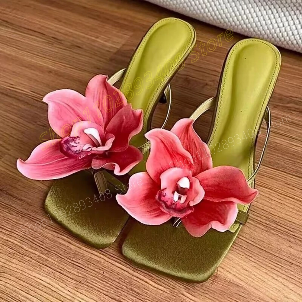 

New Design Red Flowers Square Toe Slippers Stiletto High Heel Hollow Fashion Sexy Women Shoes 2024 Summer Zapatos Para Mujere