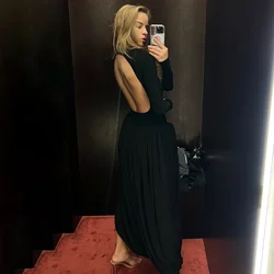 Talenza Red Patchwork Slit Maxi Dress Female Solid High Neck Long Sleeve Party Club Dress Sexy Gathered Pullover Slim Dress Robe